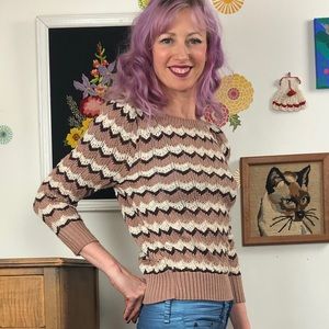 Vintage Chevron Crochet Knit Sweater Puff Sleeve S